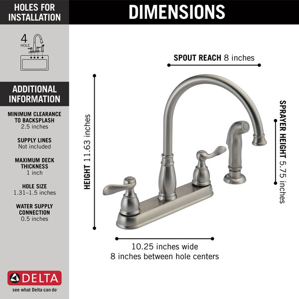 Stainless 21996LF-SS Delta Faucet Windemere 2-Handle Kitchen Sink Faucet with Side Sprayer in Matching Finish 